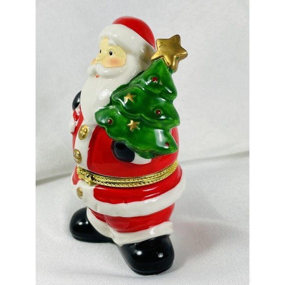 Santa Carrying Tree Porcelain Christmas Trinket Box Hinged Gold Accents - Picture 9 of 11